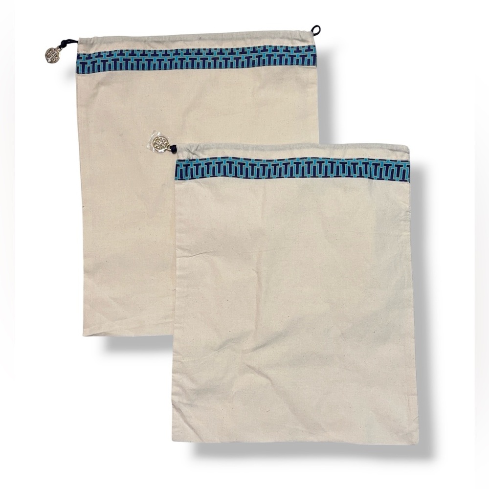 TORY BURCH Cotton Canvas Drawstring Dust Bags Blue “T” Trim Set of Two